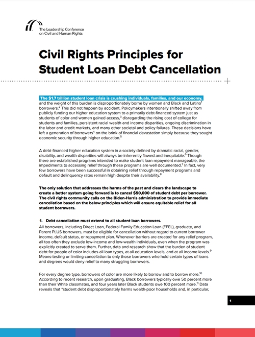 Sign-On Letter: Civil Rights Principles for Student Loan…